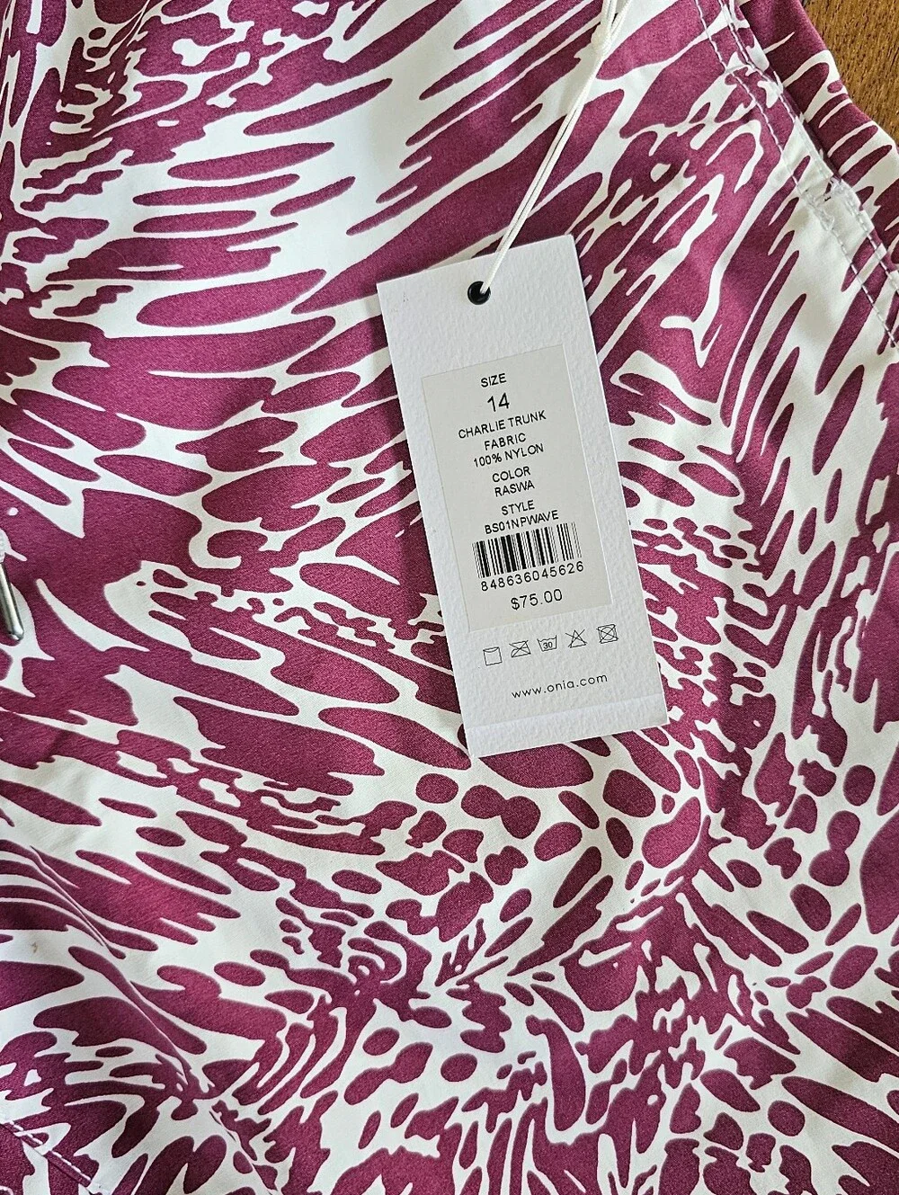 NWT Boys Onia Magenta and White Abstract Charlie Trunk Swim Shorts Sz 14